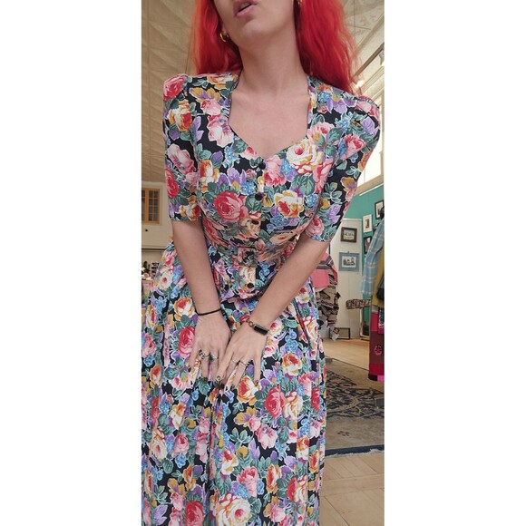 VTG 1980s RGY Black Colorful Cabbage Rose Basque Waist Princess Cotton Sundress - Picture 8 of 11